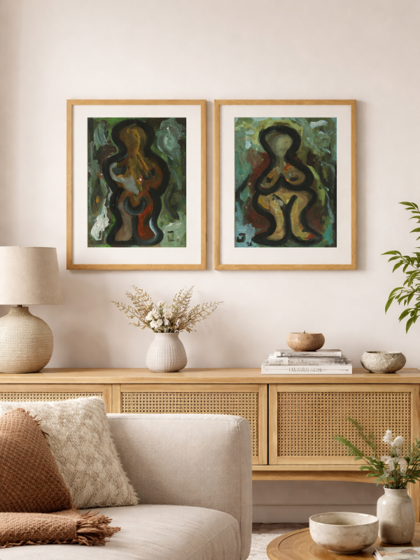 2 Abstracte Olieverf Figuren V/M Uit 1996 In COBRA-stijl